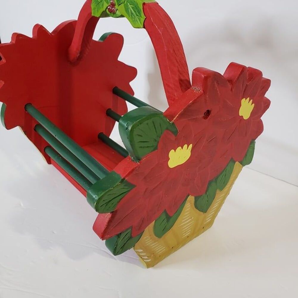CUTE Little Red Christmas Poinsettia Wooden Basket Decor Holiday Handle Caddy